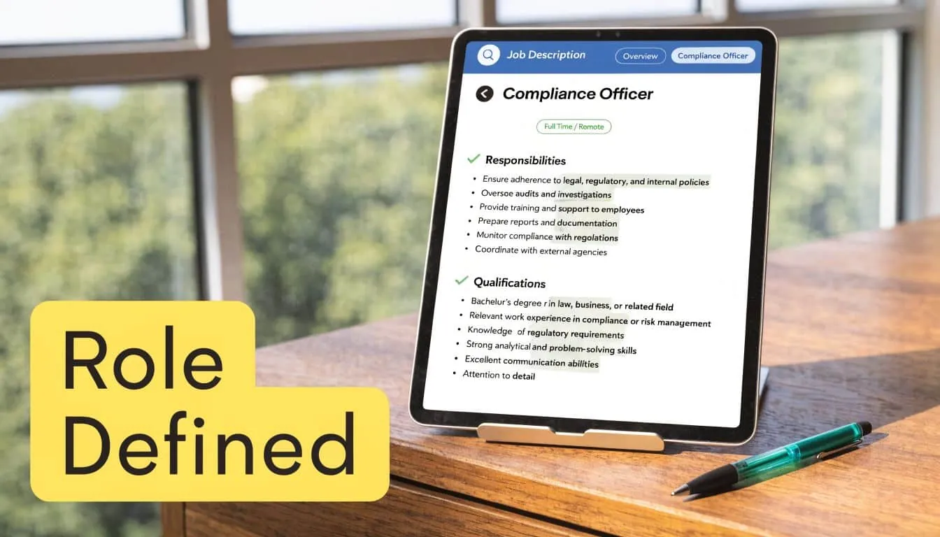 A digital tablet displaying a Compliance Officer job description sits on a wooden desk next to a pen.