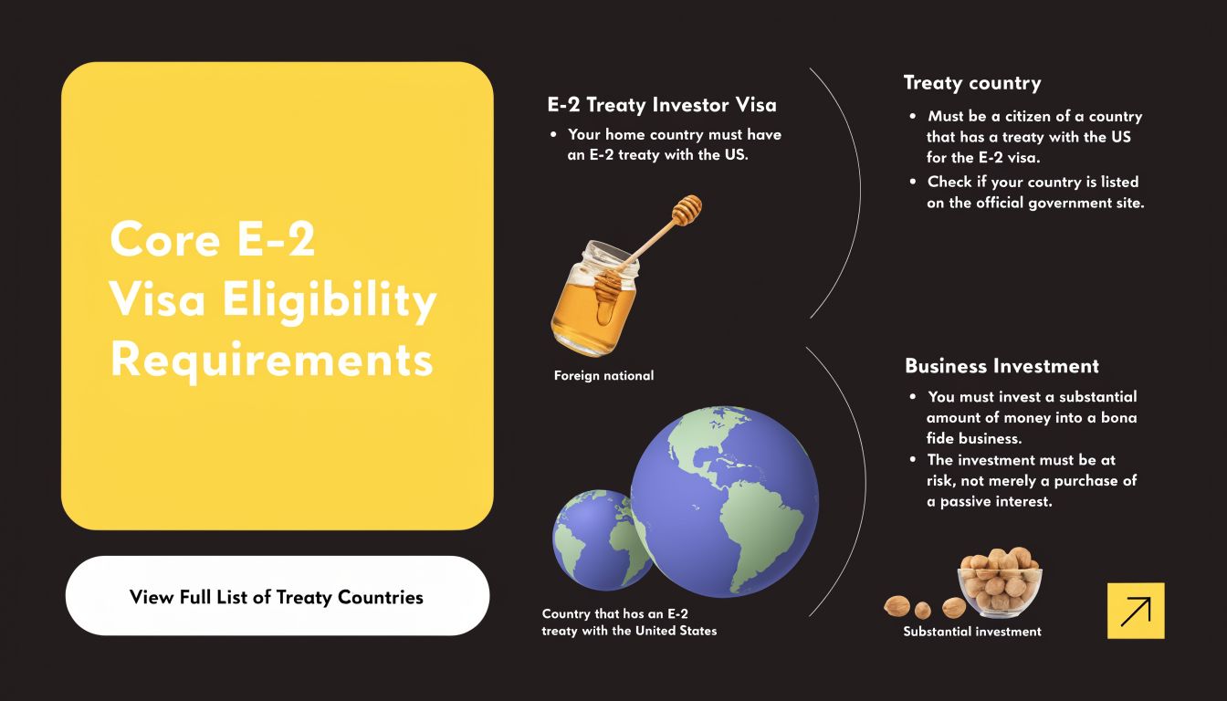 An infographic detailing the core eligibility requirements for obtaining a US E-2 Treaty Investor Visa.