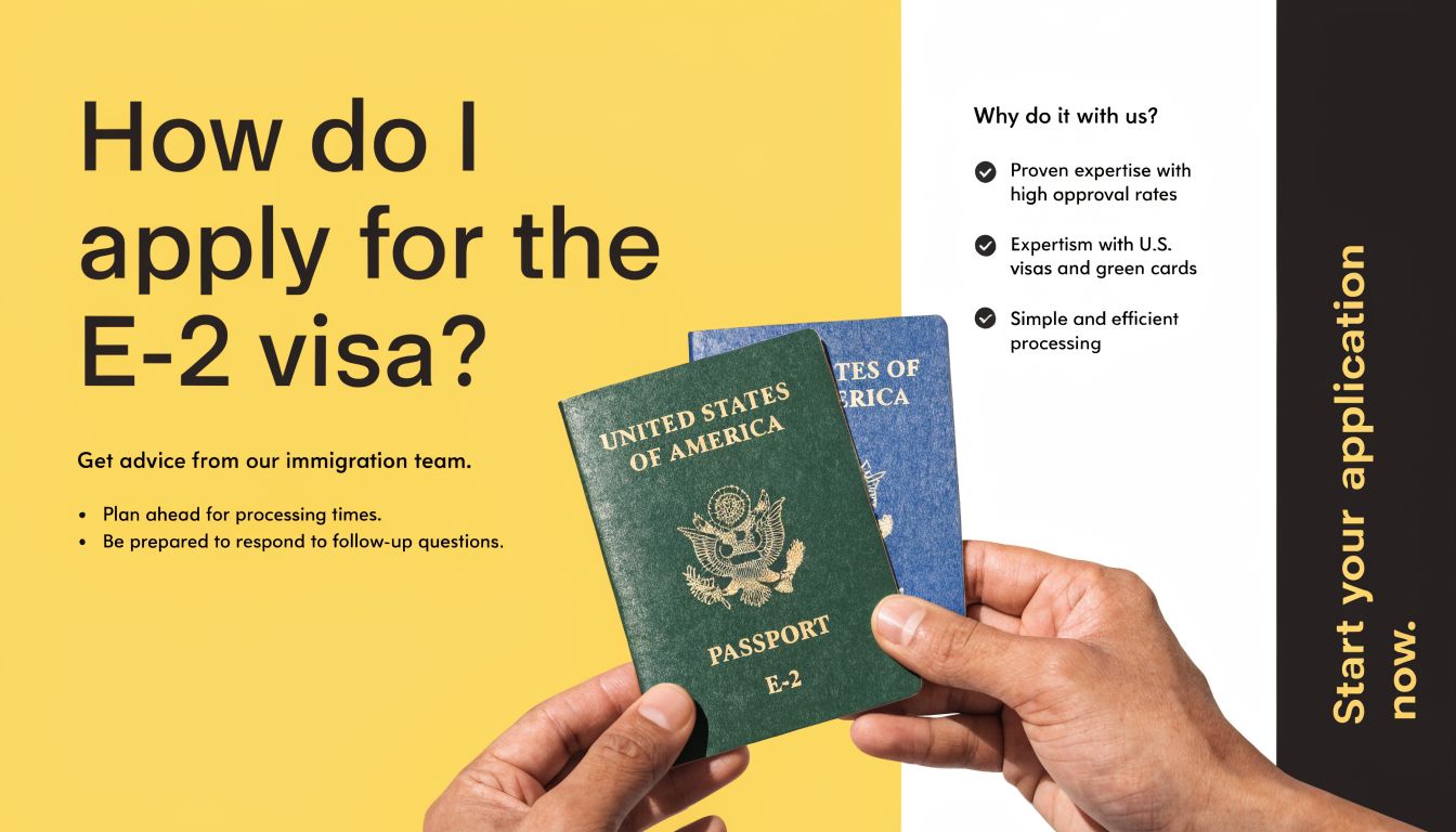 A person holding two passports while promoting services for the United States E-2 visa application process.