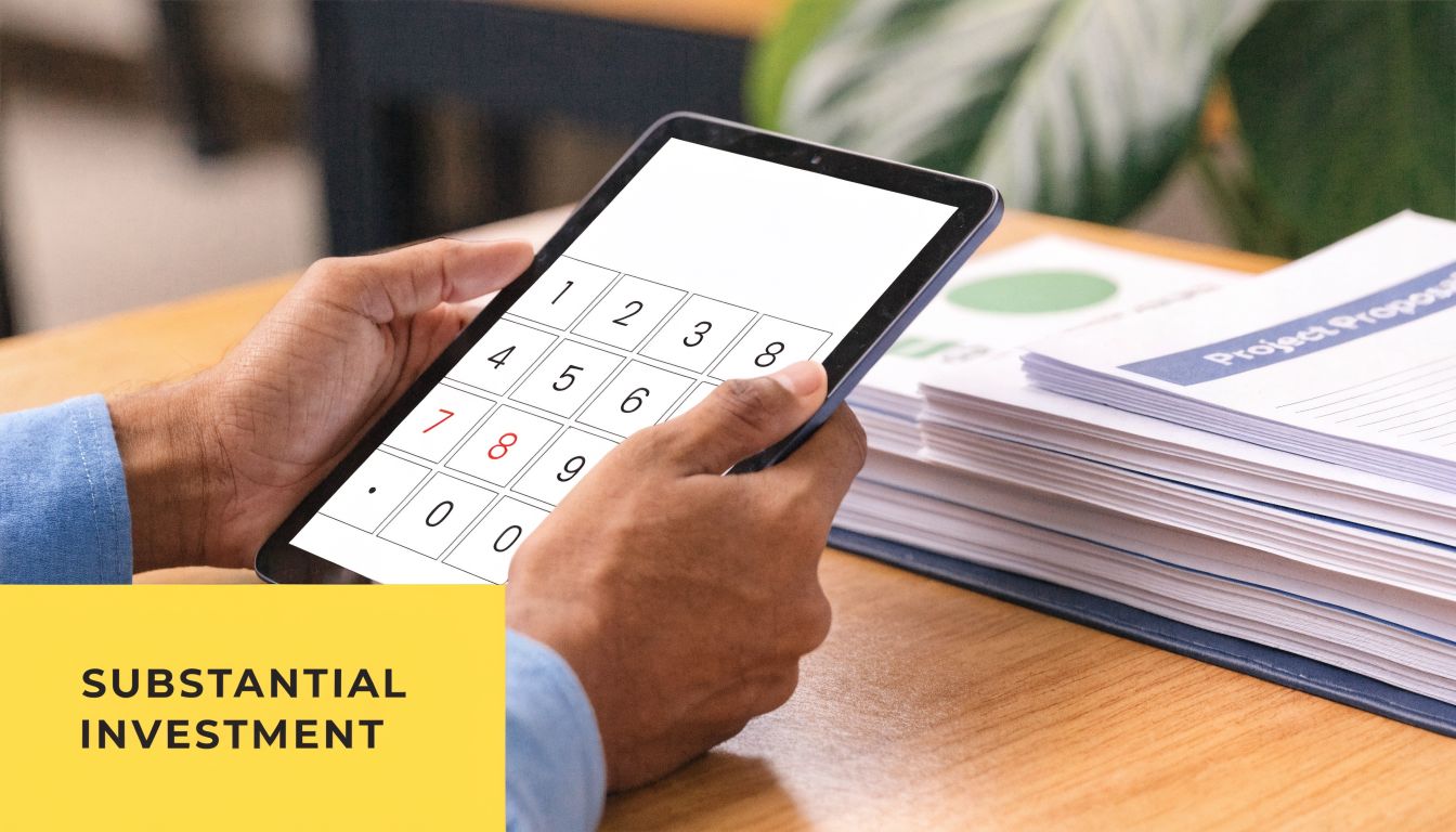 A businessman reviewing project proposals while holding a tablet displaying a calculator interface on the screen.