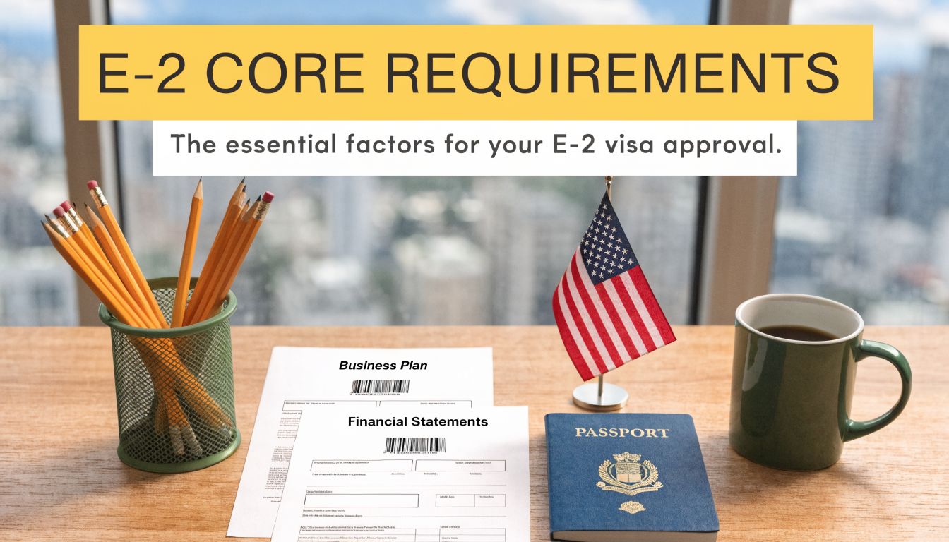 A professional desk workspace featuring documents for an E-2 visa application, a passport, and a miniature flag.