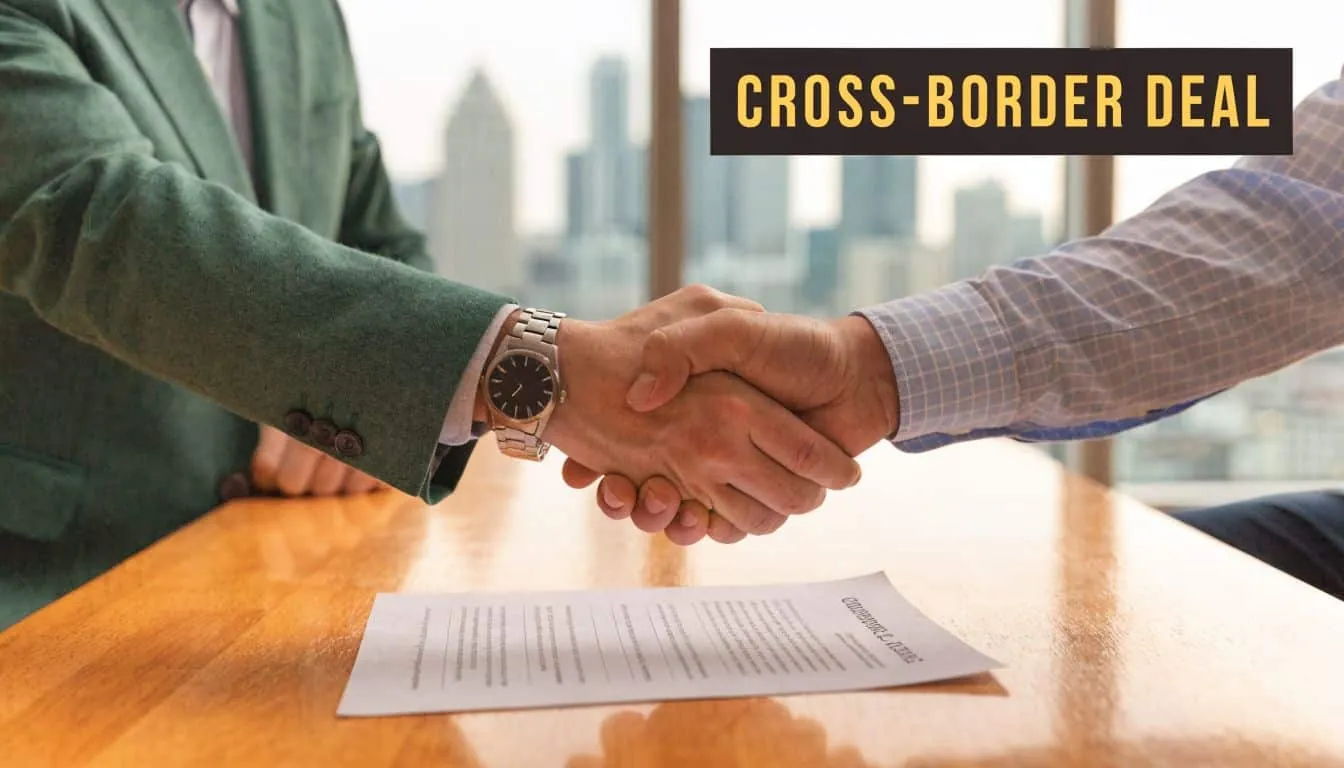 Two business professionals shaking hands over a legal contract at a table with city buildings background.