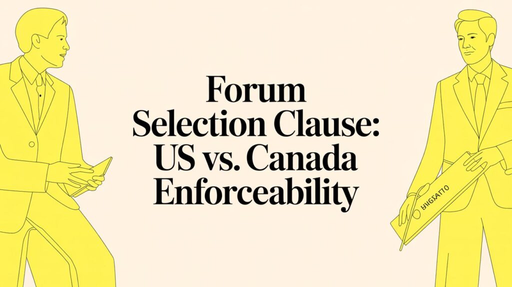 Bold title 'Forum Selection Clause: US vs. Canada Enforceability' centered between two yellow line-drawn businessmen in suits.
