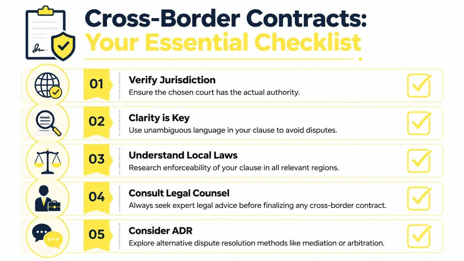 A checklist infographic titled Cross-Border Contracts listing five essential legal tips for international agreements.