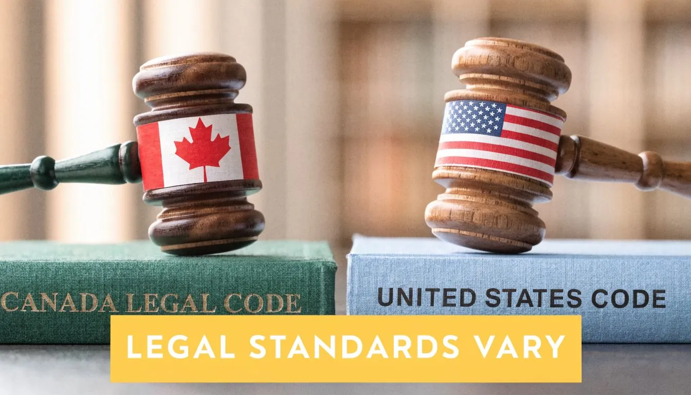 A wooden gavel featuring the Canadian flag and a gavel featuring the American flag resting on legal books.