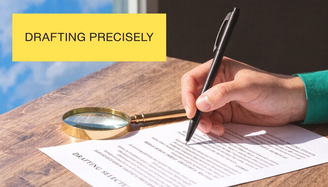 A person carefully signing a legal document on a wooden desk with a magnifying glass nearby.