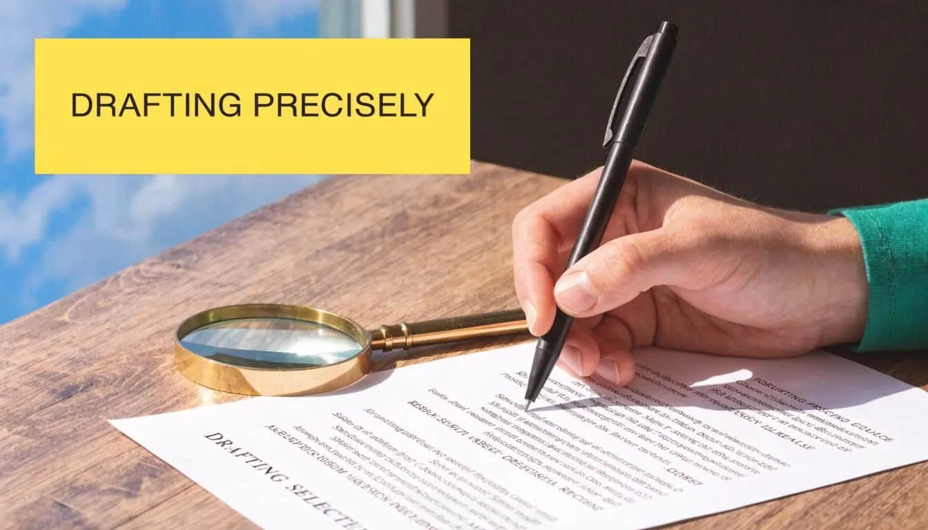 A person carefully signing a legal document on a wooden desk with a magnifying glass nearby.