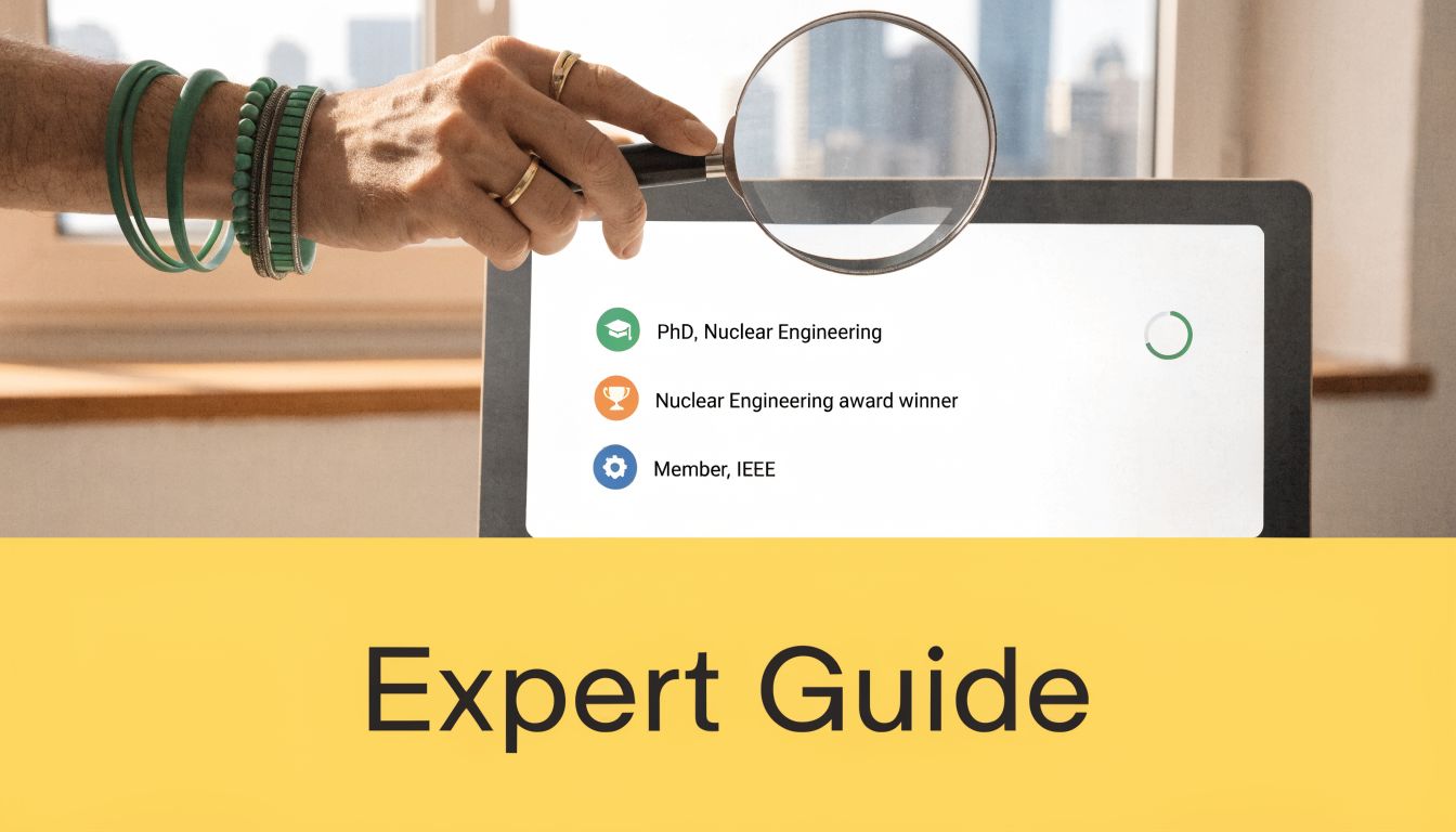 A hand holding a magnifying glass over a digital screen listing nuclear engineering professional credentials and qualifications.