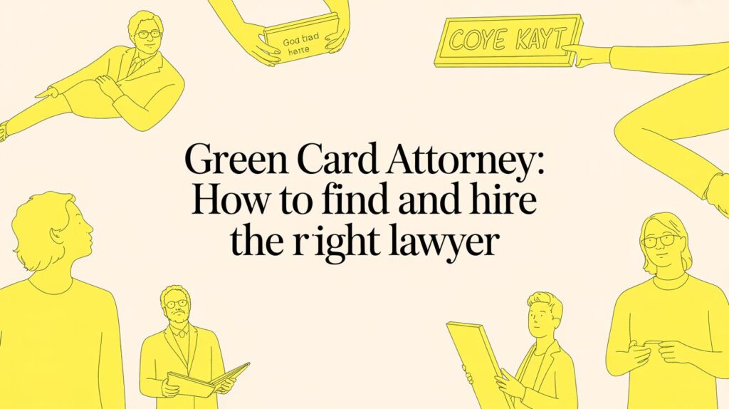 Hero banner about finding and hiring a green card attorney; abstract yellow line drawings frame the center text.