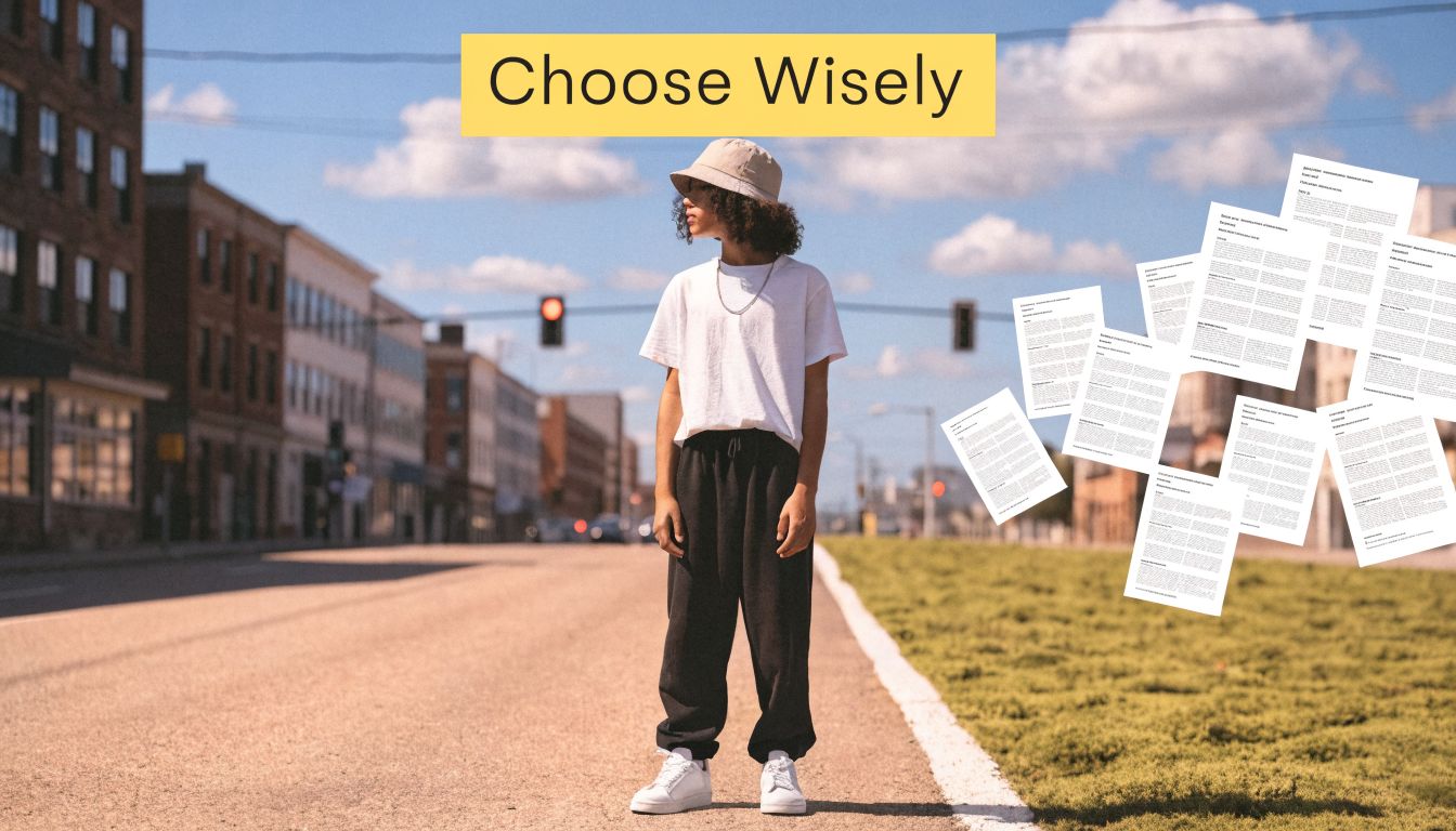 A young person standing on a city street with legal documents floating nearby, conceptualizing legal decisions.