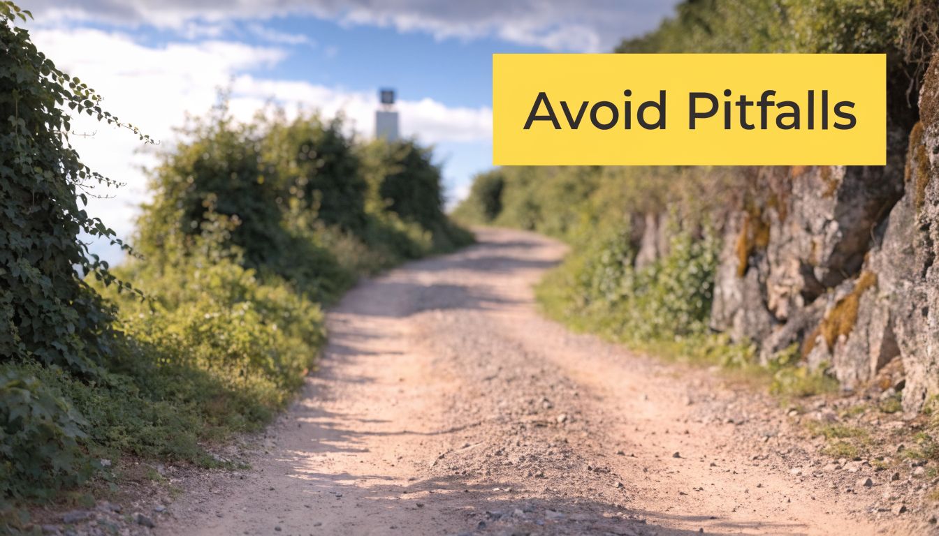 A scenic gravel road leading through a hilly, vegetated landscape under a bright blue sky.