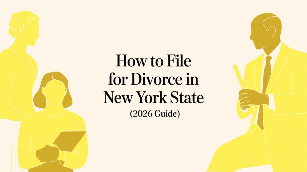 Hero illustration with yellow silhouettes surrounding the title 'How to File for Divorce in New York State (2026 Guide)'.