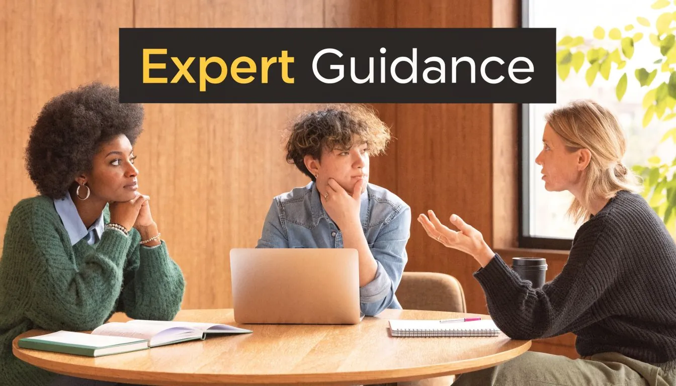 A diverse group of three professionals sitting around a wooden table discussing ideas with a laptop.