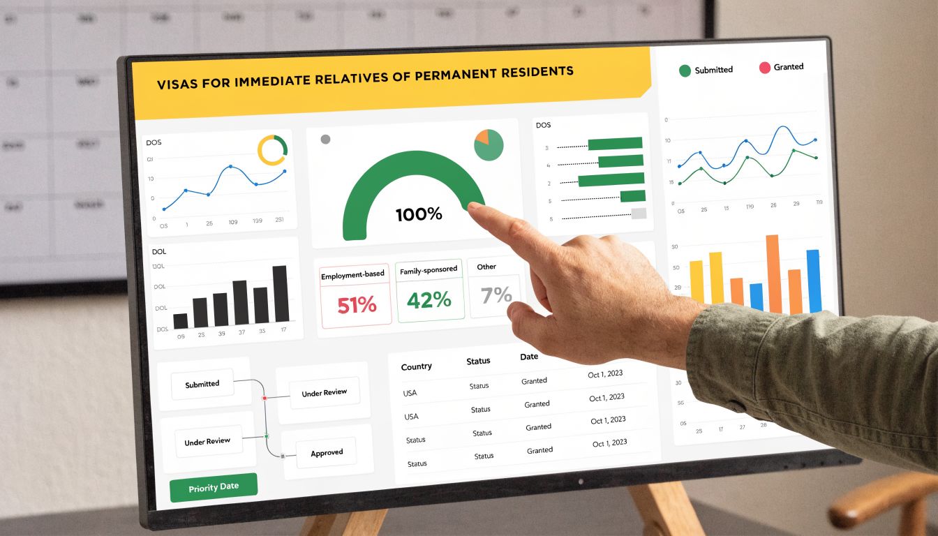 A hand pointing at a digital dashboard displaying visa processing statistics and immigration data on a screen.