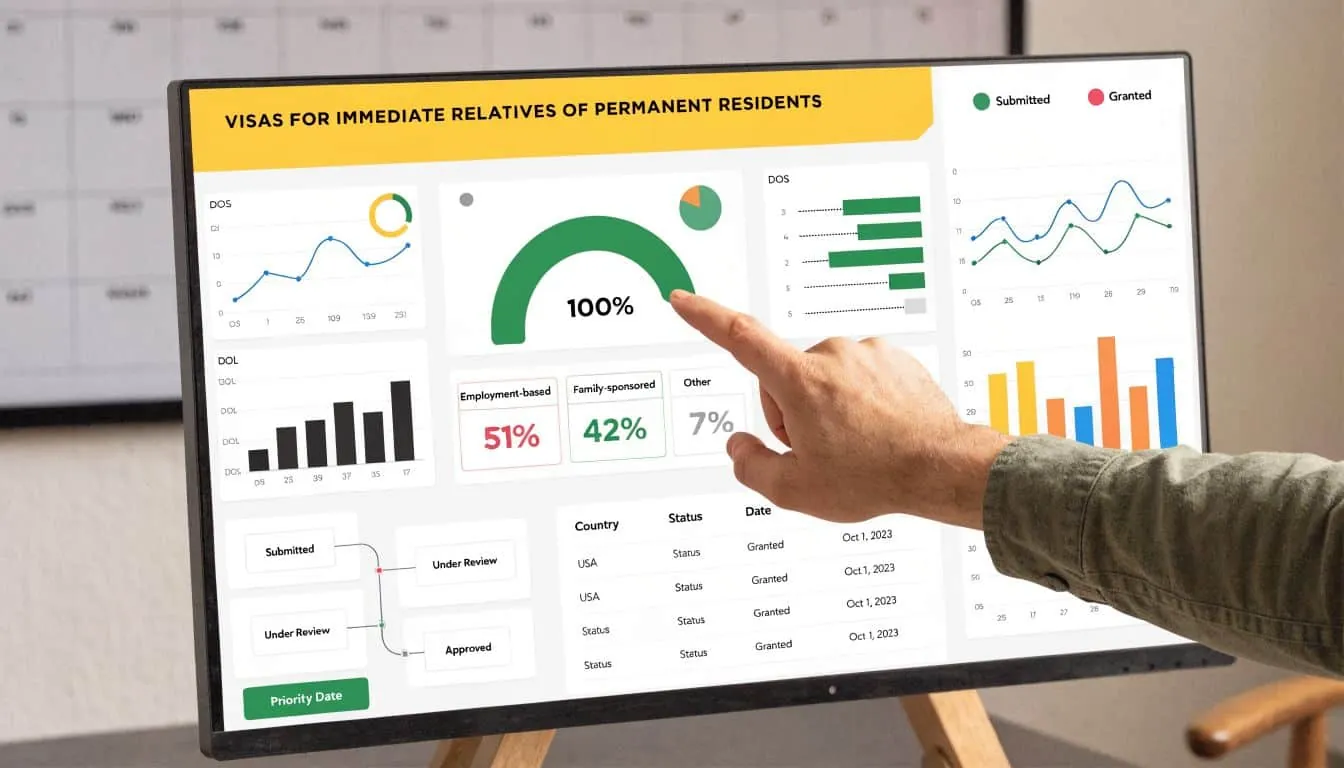 A hand pointing at a digital dashboard displaying visa processing statistics and immigration data on a screen.