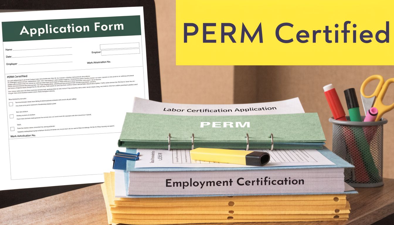Stack of documents including an employment certification application labeled PERM on a wooden desk with office supplies.
