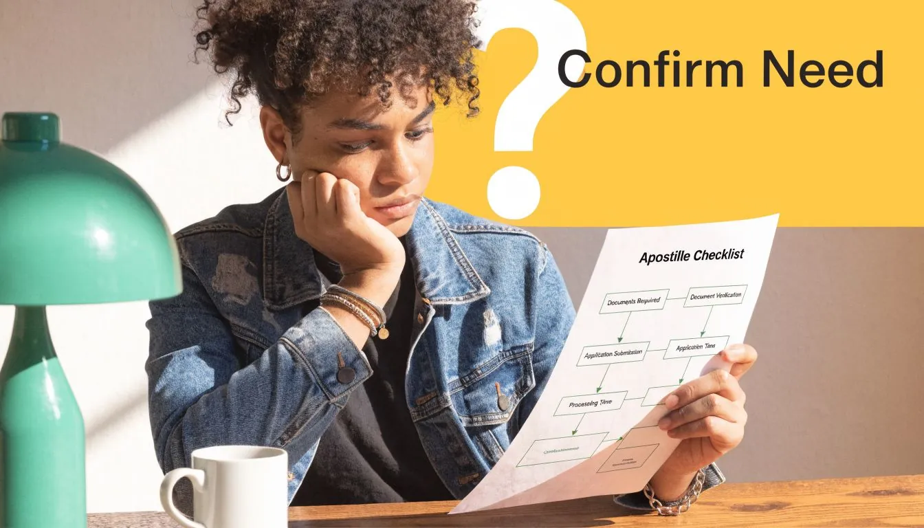 A confused person looking at an Apostille checklist document with a large question mark background graphic.