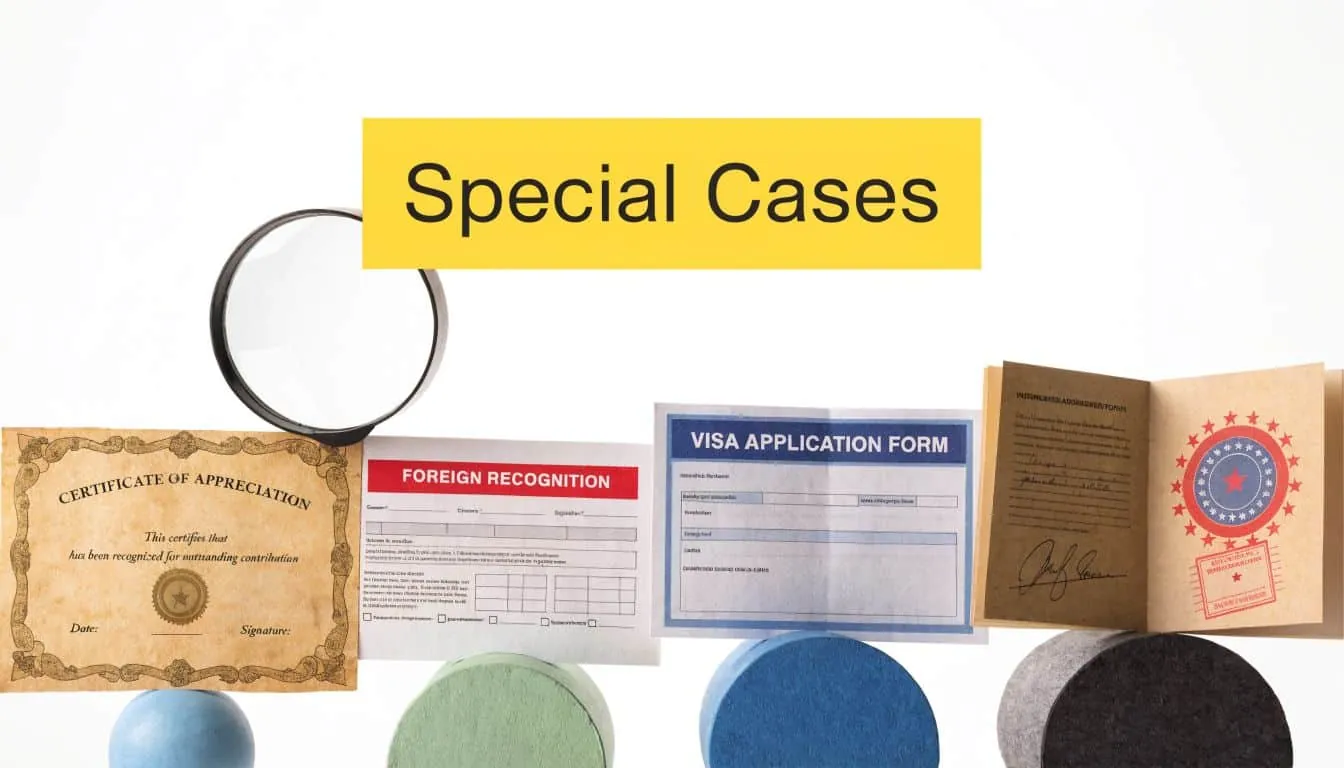 A magnifying glass positioned above legal documents like certificates, visa forms, and an international passport.