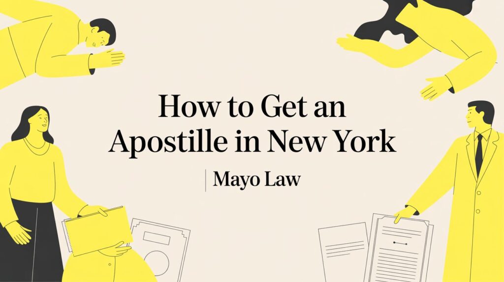 People surrounding a central title about getting an apostille in New York; legal documents in hand.