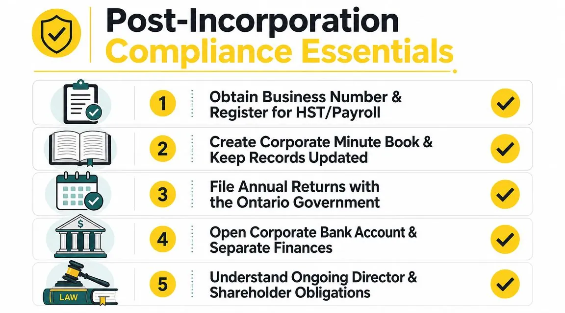 A checklist infographic titled Post-Incorporation Compliance Essentials detailing five key steps for Ontario business owners.