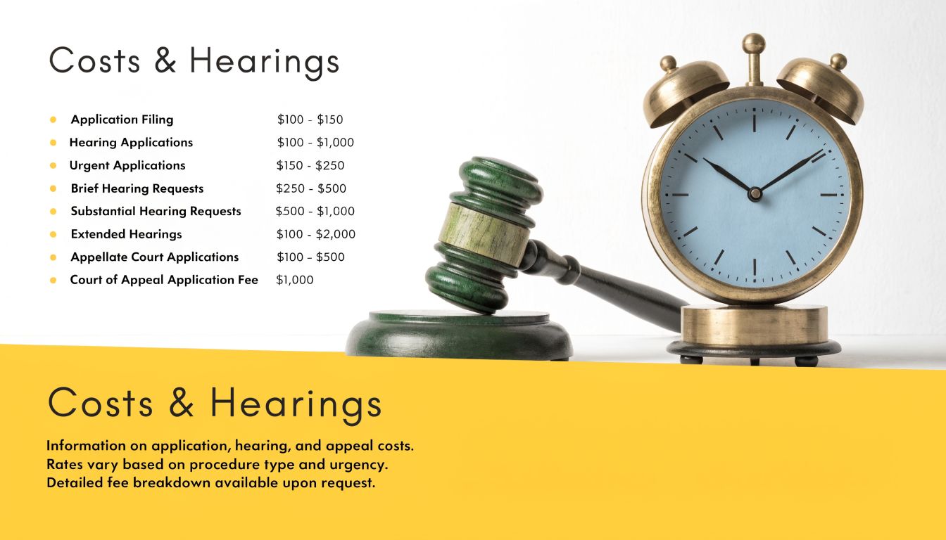 A list of legal service costs including hearing and application fees alongside a wooden gavel and clock.