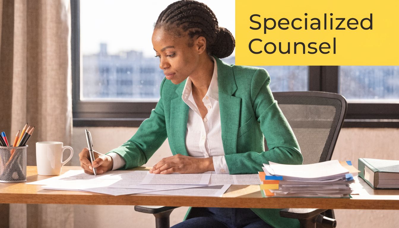 A professional lawyer wearing a green blazer working at her desk while reviewing legal documents.