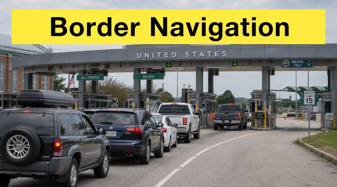 Cars waiting in line at the United States border crossing for customs and immigration inspection.