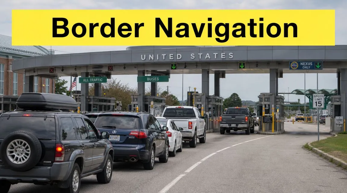 Cars waiting in line at the United States border crossing for customs and immigration inspection.