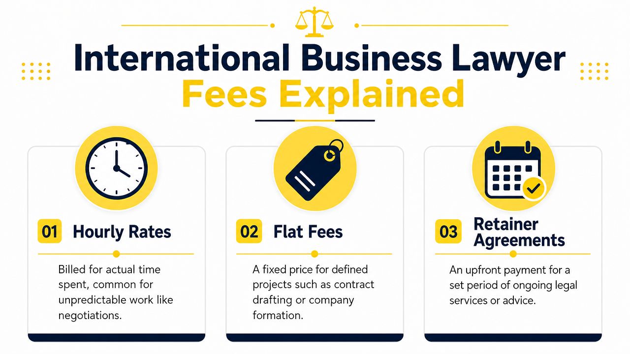 An infographic explaining three common fee structures for international business lawyers, including hourly, flat, and retainer.