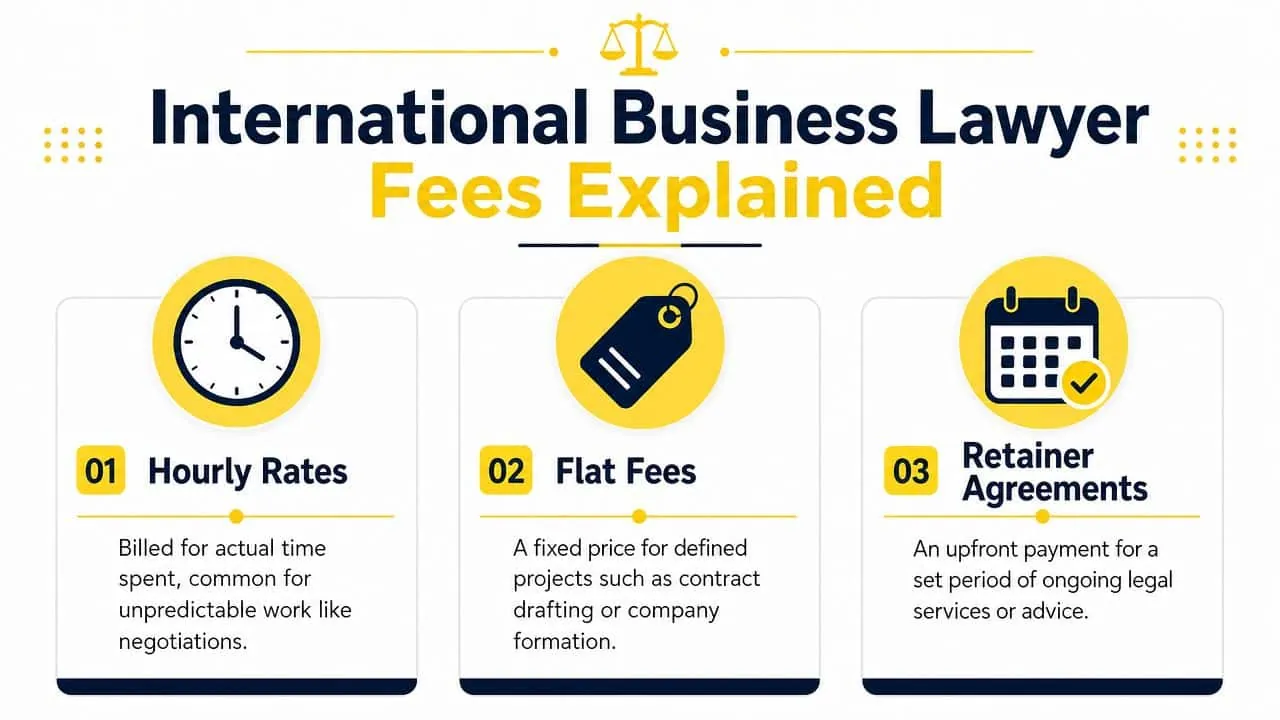 An infographic explaining three common fee structures for international business lawyers, including hourly, flat, and retainer.