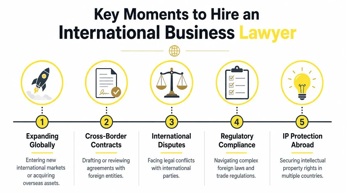 An infographic illustrating five key scenarios when businesses should hire an international business lawyer for legal support.