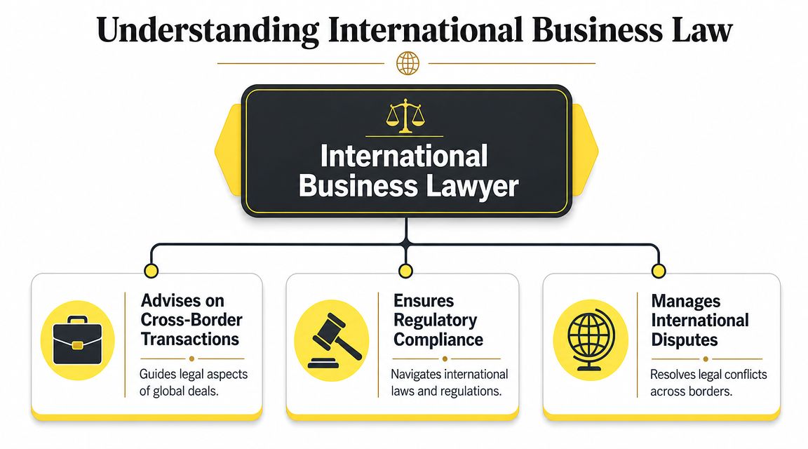 An infographic titled Understanding International Business Law illustrating the three main responsibilities of an international business lawyer.