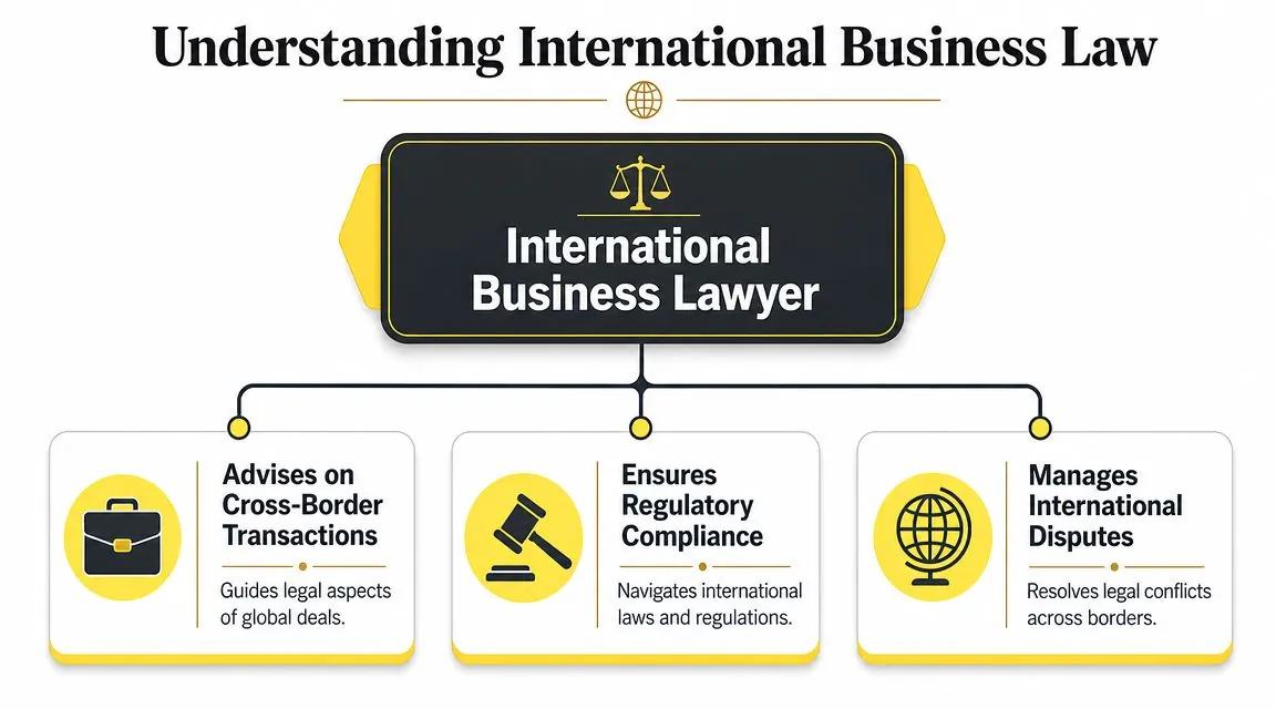 An infographic titled Understanding International Business Law illustrating the three main responsibilities of an international business lawyer.