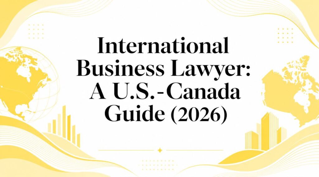 international-business-lawyer-legal-guide - Mayo Law - Mayo Law Promotional cover: 'International Business Lawyer: A U.S.-Canada Guide (2026)' with yellow world map illustrations and decorative lines.