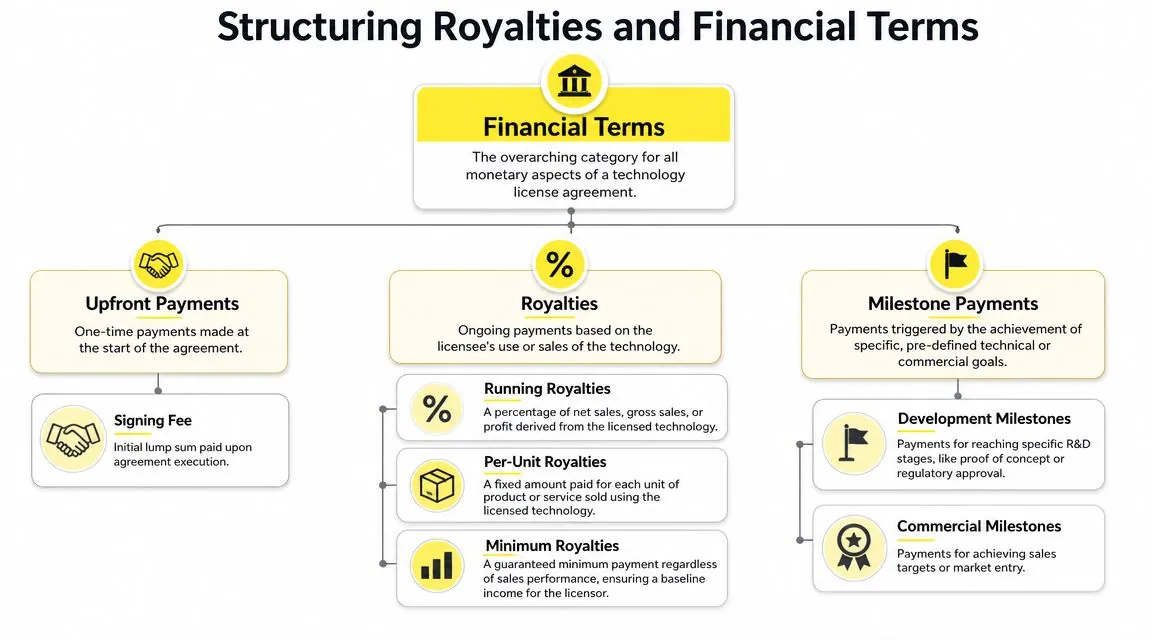 A diagram illustrating the financial terms of a technology licensing agreement, including upfront, royalty, and milestone payments.