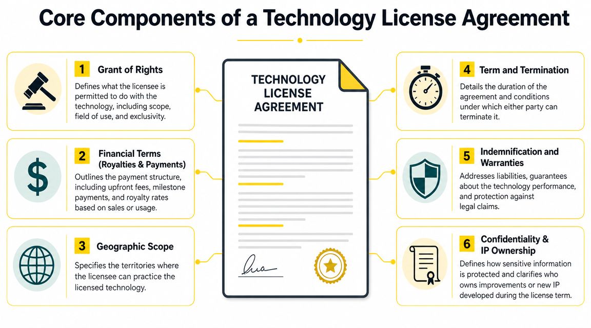 A diagram outlining the six core components of a technology license agreement, including legal and financial terms.