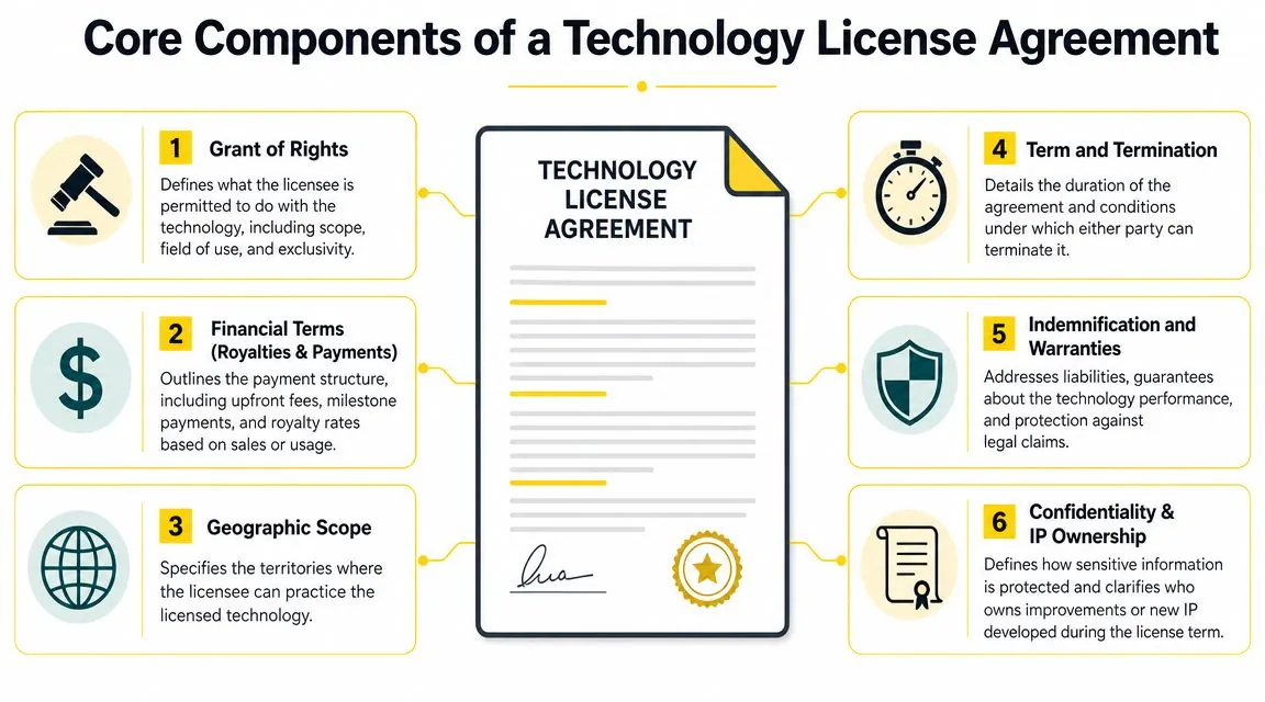 A diagram outlining the six core components of a technology license agreement, including legal and financial terms.