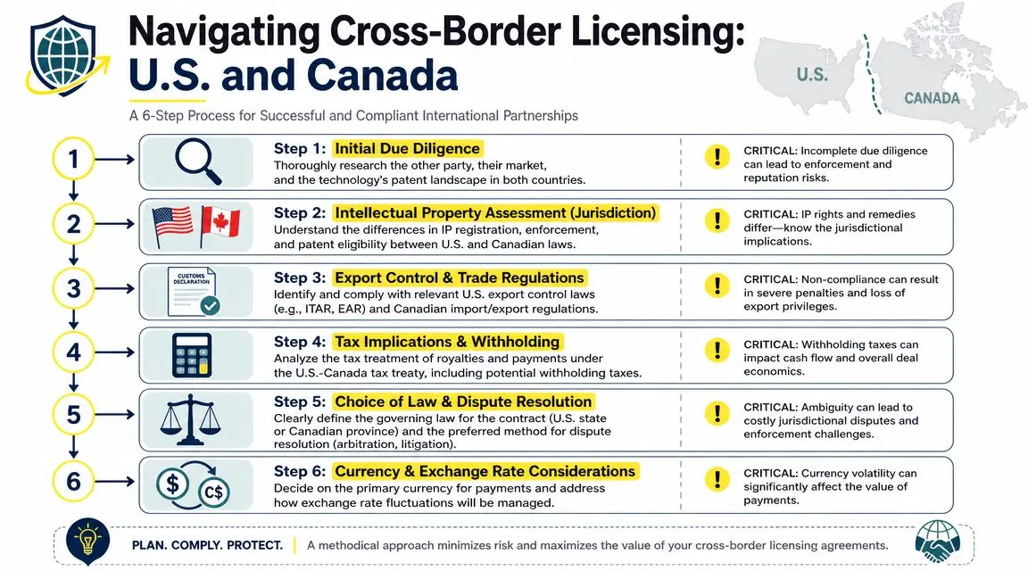 A 6-step infographic guide detailing the essential legal and regulatory process for cross-border licensing between the U.S. and Canada.