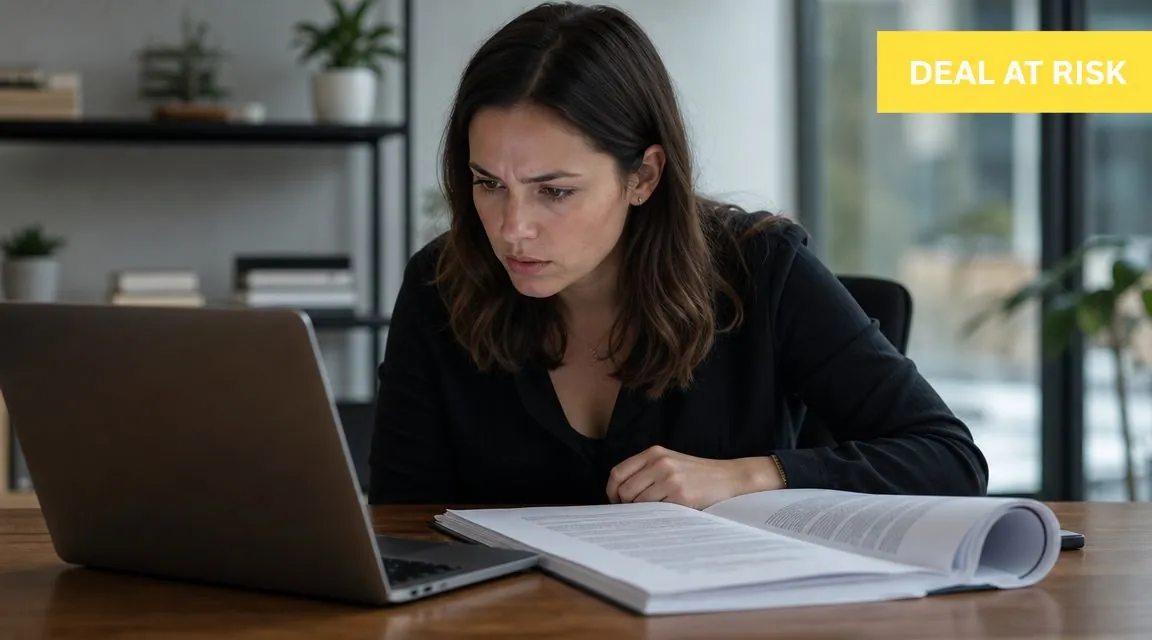 A focused woman reviewing legal documents and working on her laptop with a concerned facial expression.