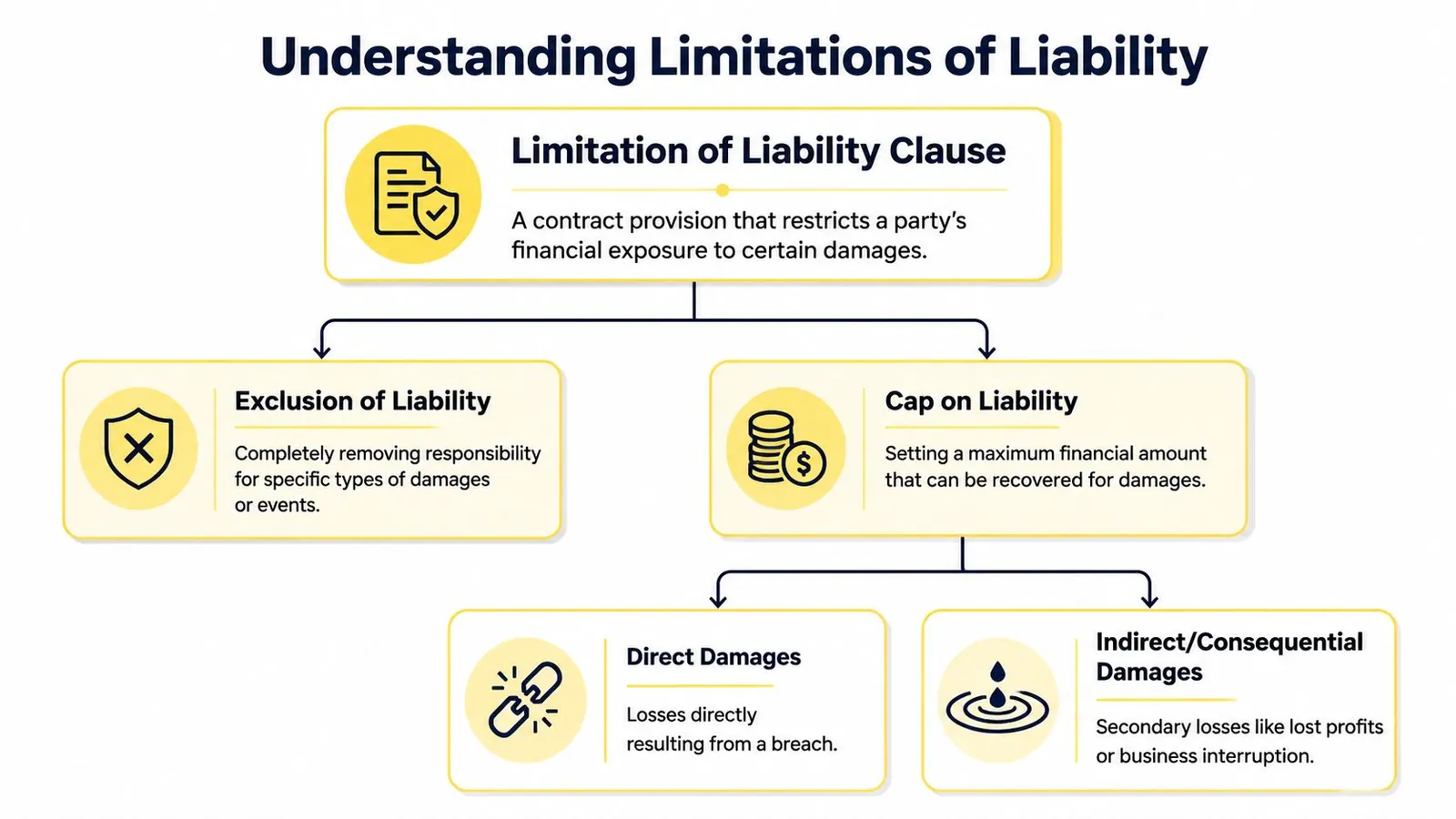 An infographic titled Understanding Limitations of Liability outlining the structure of liability clauses, exclusions, caps, and types of damages.
