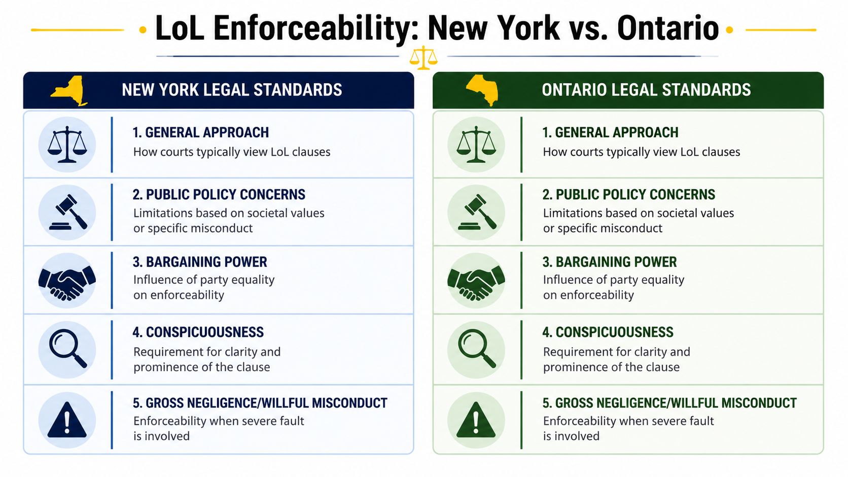 A comparison chart outlining legal standards for limitation of liability clauses between New York and Ontario.