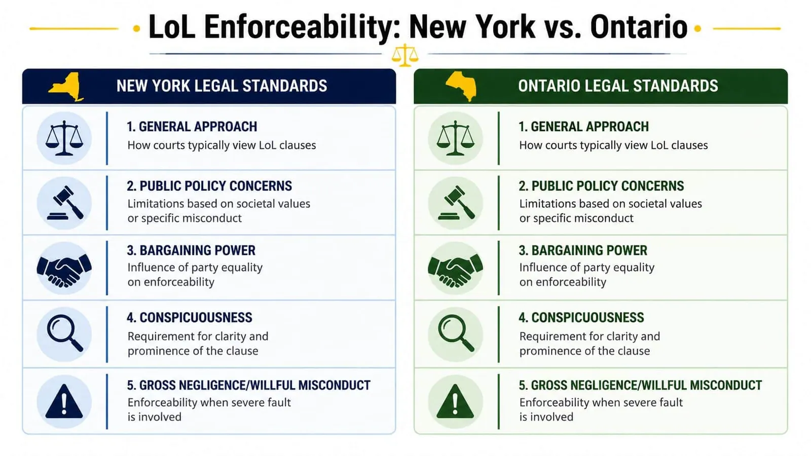 A comparison chart outlining legal standards for limitation of liability clauses between New York and Ontario.