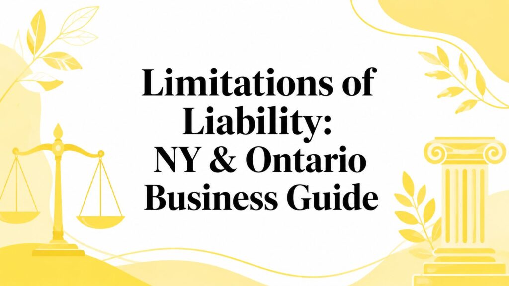 Banner with yellow legal icons (scales of justice and column) framing the title 'Limitations of Liability: NY & Ontario Business Guide' on a white background.