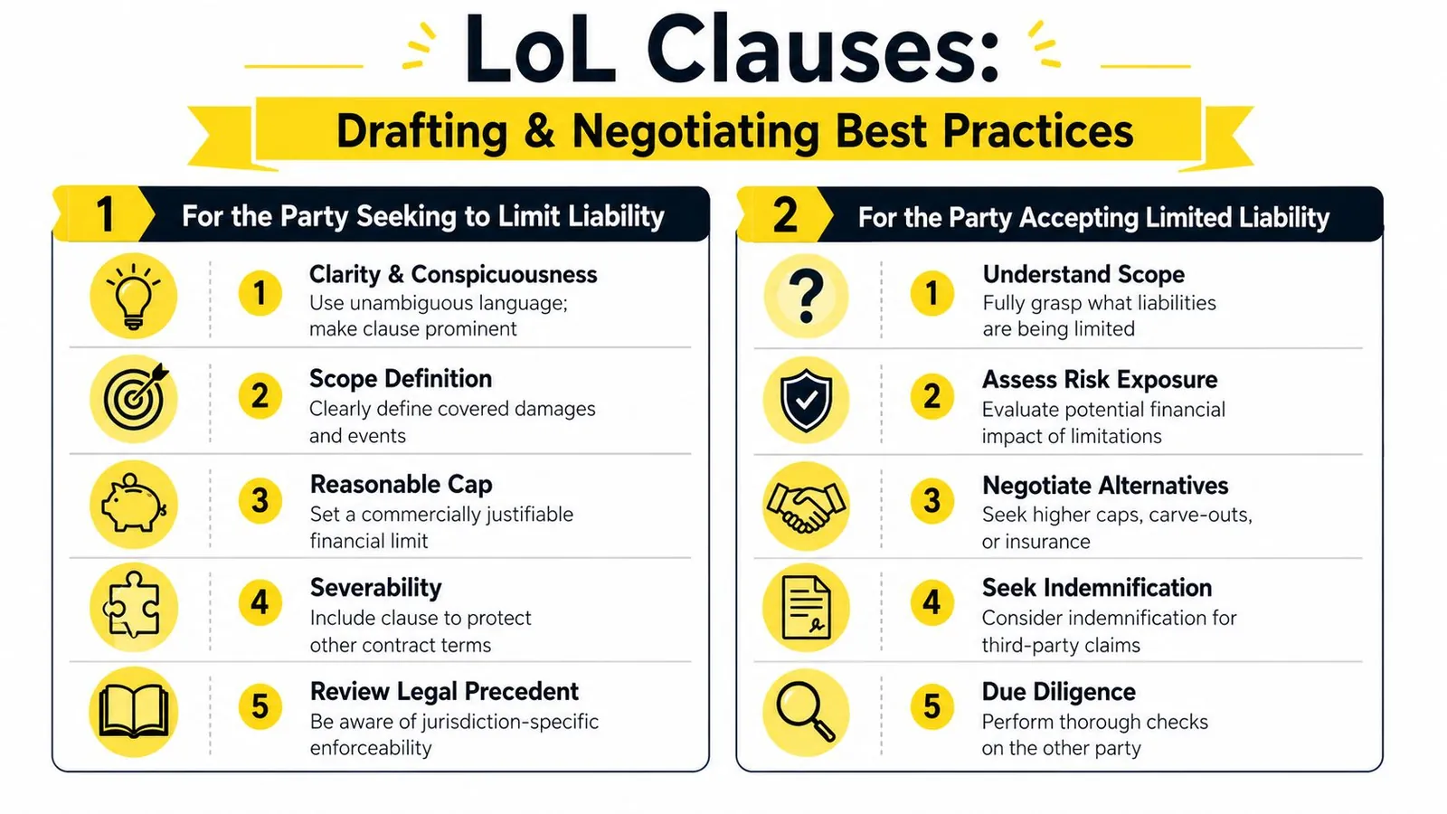 An infographic titled LoL Clauses: Drafting and Negotiating Best Practices, outlining steps for two parties.