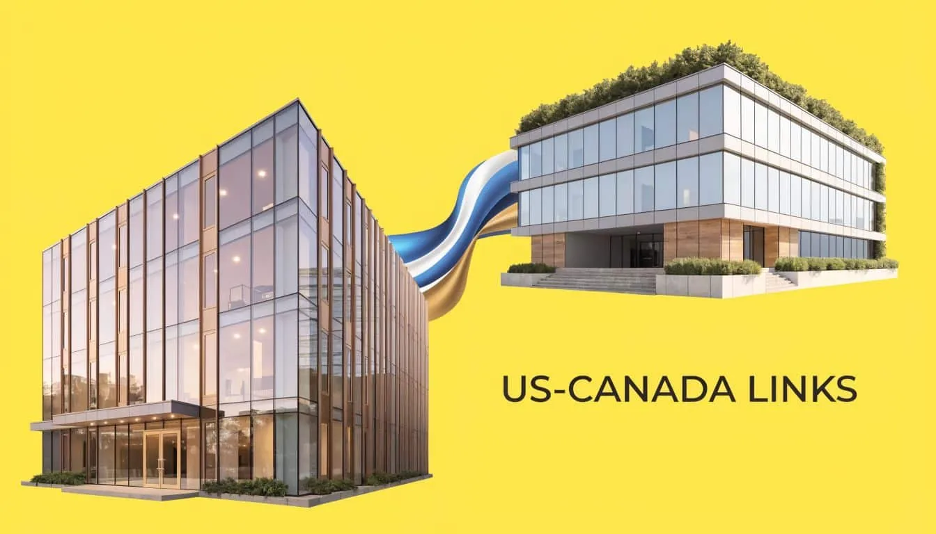 A modern commercial building representation illustrating professional corporate connections between the United States and Canada.