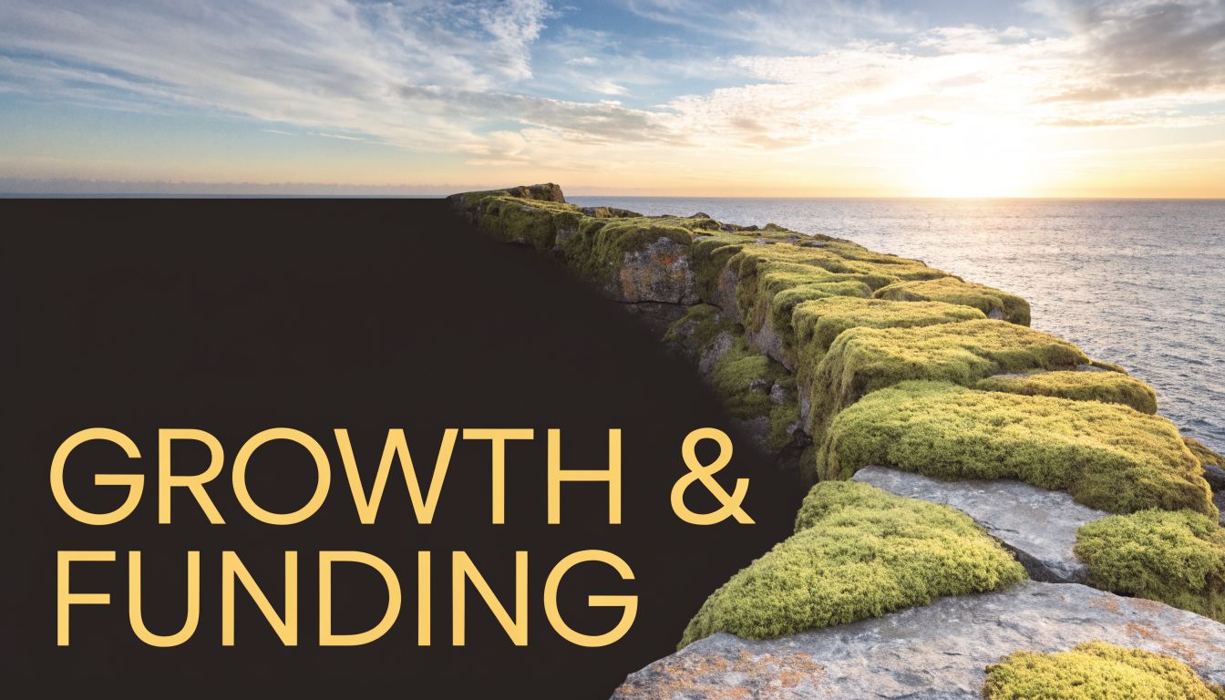 A coastal landscape with mossy rocks meeting the ocean at sunset next to the text growth and funding.