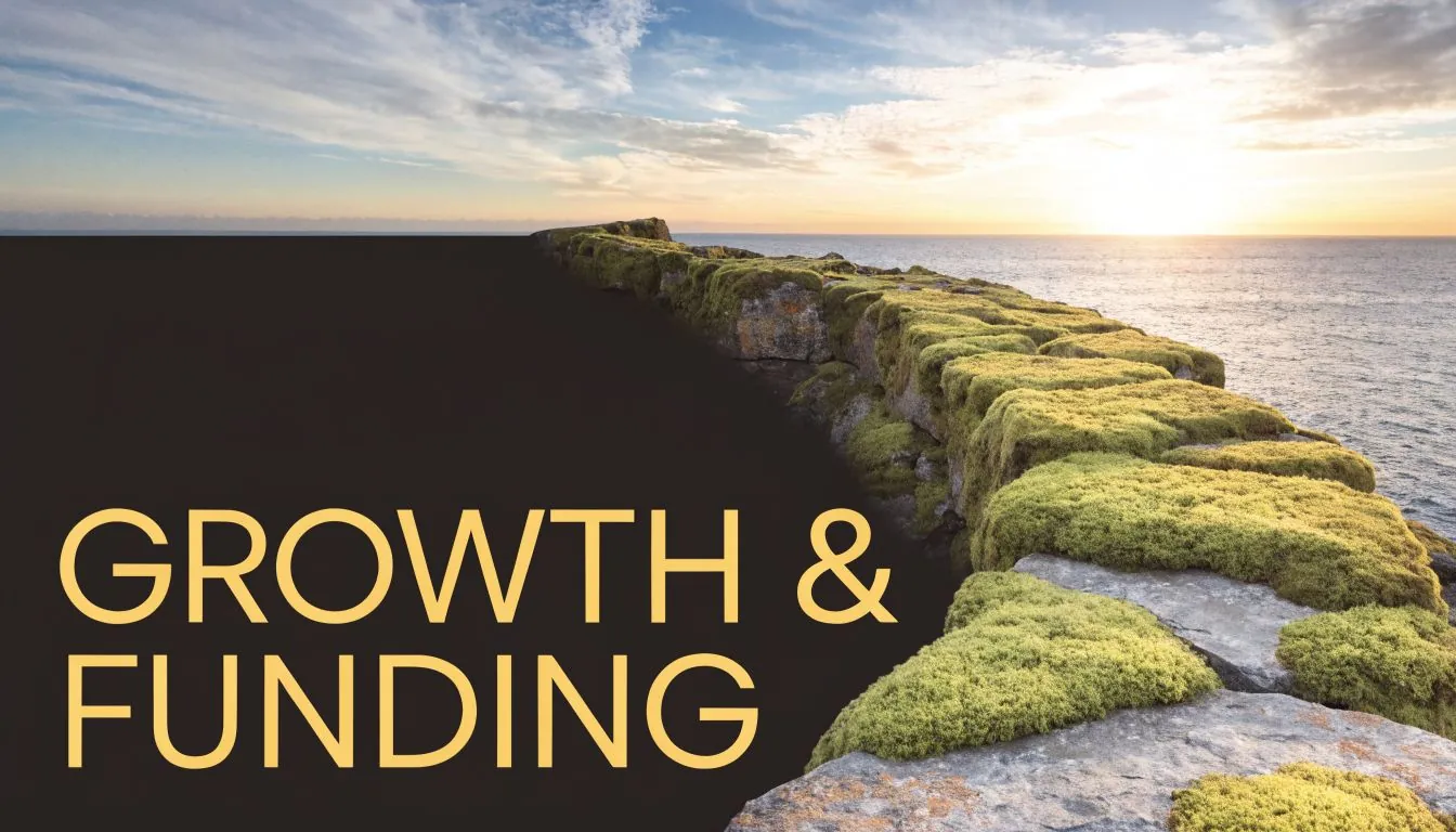 A coastal landscape with mossy rocks meeting the ocean at sunset next to the text growth and funding.