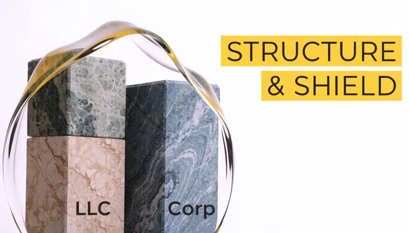 Visual representation comparing an LLC and a corporation using stone blocks protected by a glass shield.