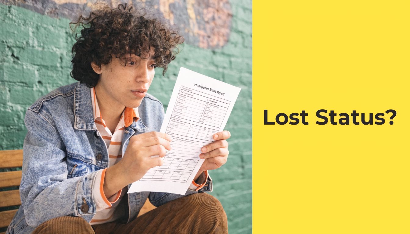 A young person with curly hair looking concerned while holding an immigration status report document.