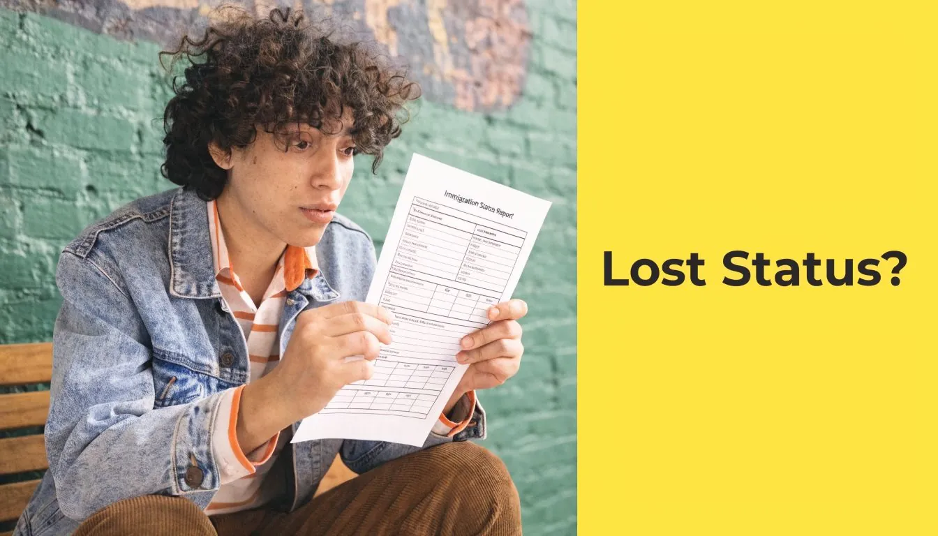 A young person with curly hair looking concerned while holding an immigration status report document.